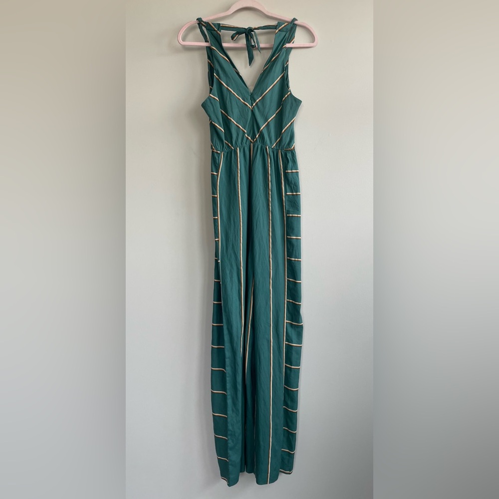 Anthropologie Green Striped V-Neck Wide-Leg Jumpsuit - Picture 10 of 15